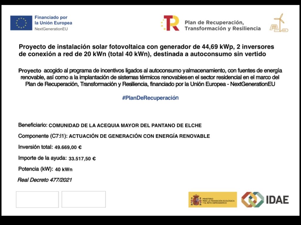 Acequia Mayor del Pantano de Elche subvención
